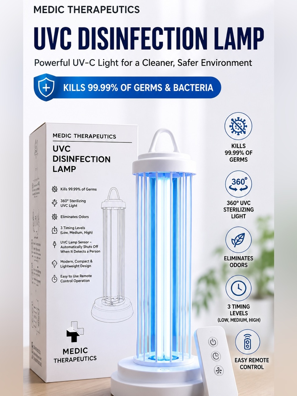 Medic Therapuetics UVC Disinfection Lamp w/ Remote NEW IN BOX